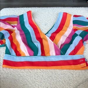 Aqua Red and Orange Wrap Crop Blouse